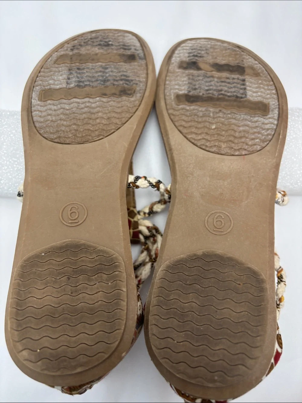 bp Womens 6 Multi Texture Brown and Beige Braided‎ T-Strap Sandals#475